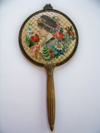 Vintage Antique Victorian Vanity Ornate Handheld Beveled Mirror W/ Die Cuts