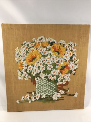 Vtg Large Crewel Floral Embroidery 1970s 26 " X 28” Daisies Sunflowers Basket