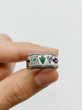 Vintage Native American Multi - Stone Inlay Sterling Silver Cigar Band Ring Size 7
