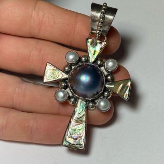 Vtg Sterling Silver Abalone Shell & Real Pearl Cross Pendant Necklace Charm