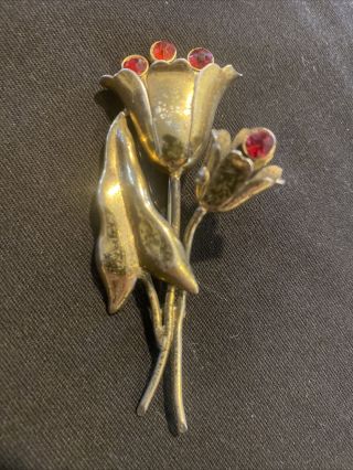 Vintage Crown Trifari Sterling Silver Flower Brooch/pin With Red Rhinestone