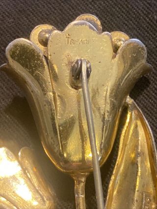 Vintage Crown Trifari Sterling Silver Flower Brooch/Pin with Red Rhinestone 2
