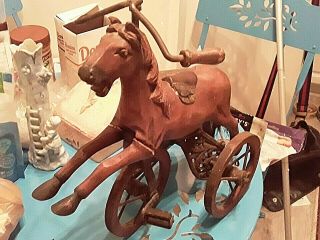 Antique Old Carved Wood Horse Tricycle Child Doll Toy Wheels Folk Art Vintage