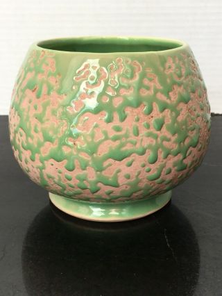 Mccoy Usa Vintage Pottery Round Planter Pink & Green Brocade Mottled