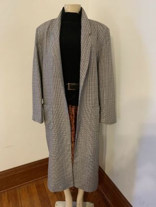 Women’s Wool Houndstooth Tweed Duster Maxi Coat Vtg 80s Minimalist Sz M Black