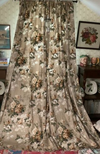 2 Vintage Custom Floral Tan White Rod Pocket Panels Lined Weighted Curtains 3