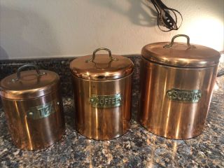 Vintage Old Dutch Copper Kitchen Canister Set Of Three