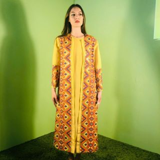 Vintage 70s Hand Sewn Yellow Embroidered Tunic Dress - Medium