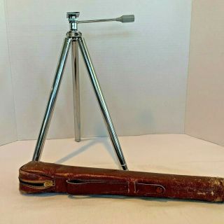 Vintage Chrome & Brass Camera Tripod Worn Leather Case Unmarked