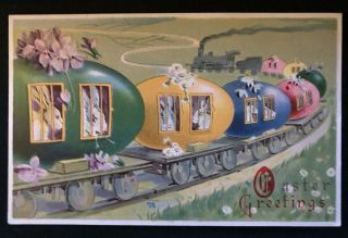 Cute Bunny Rabbits In Easter Egg Train & Flowers Vintage Easter Postcard - G128