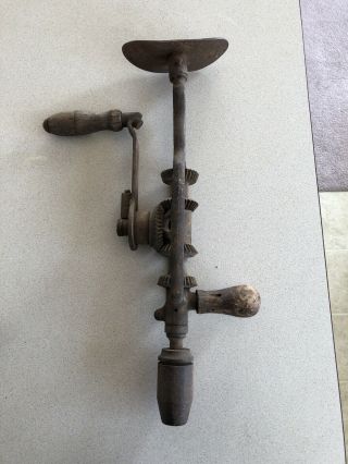 Vintage Geared Drive Hand Crank Drill With Shoulder Breast Plate Antique