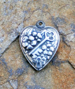 Vintage Sterling Puffy Heart Charm - Skeleton Key With Flowers Above & Below