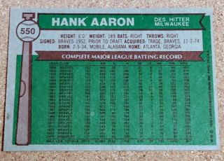 Hank Aaron 1976 Topps Baseball Card 550 Vintage 45 Years Old Beauty