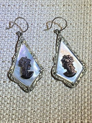 Vintage 800 Silver Mother Of Pearl Backed Cameo Dropped Pierced Earrings
