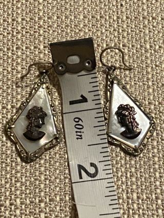 Vintage 800 Silver Mother Of Pearl Backed Cameo Dropped Pierced Earrings 2