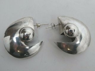 Vintage Italian Modernist Sterling Silver Half Moon Hoop Pierced Earrings
