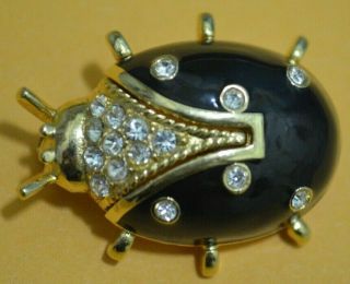 Vintage St John Black Enamel And Rhinestones Ladybug Brooch