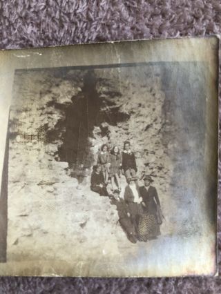 Vintage Old Family Photograph Two Ladies Girls Boys Next To Cliff Face 1900 
