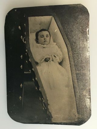 Antique Vintage Post Mortem Child Coffin Tintype Photo (3 1/2 X 2 1/2) Rare