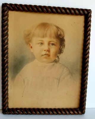 Antique Child Photo Hand Tinted Antique Barley Twist Frame 11 X 14 " No Glass