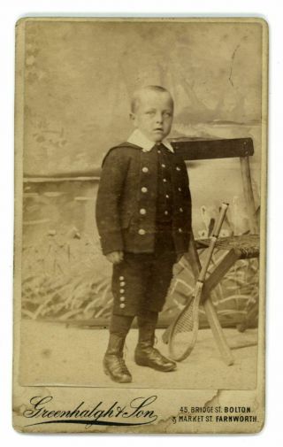 Cdv Of Young Boy With Tennis Racquet By Greenhalgh Of Bolton,  Farnworth C.  1885