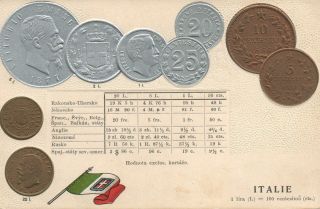 Vintage Italy Embossed Silver Copper & Gold Coins Postcard -