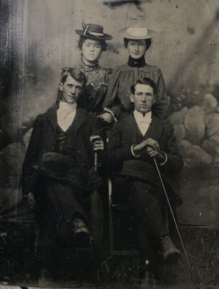 Antique American Two Handsome Young Couples Walking Sticks Tintype Photo