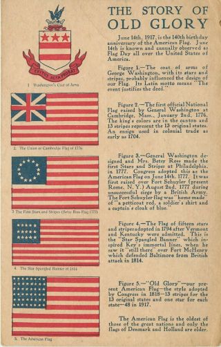 C1917 Flag Day Postcard; Story Of Old Glory,  First 5 Flags Of The United States