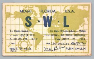 Miami Qsl Vintage Postcard World Map Rubin Smulin Radio Pc Caracas 1941