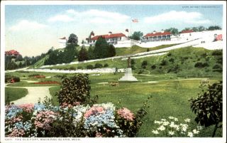 Old Fort Mackinac Island Michigan Phostint Statue 1920s Vintage Postcard