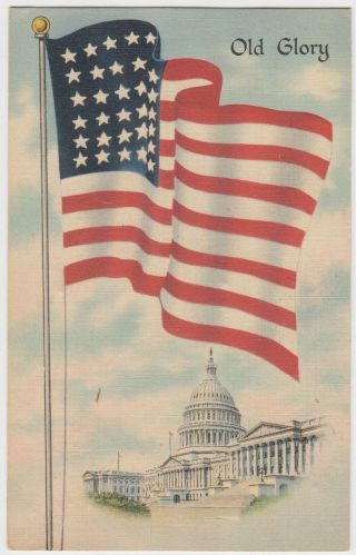 Old Glory Over White House 48 - Star Flag Postcard 1942 Patriotic Lone Elm Kansas