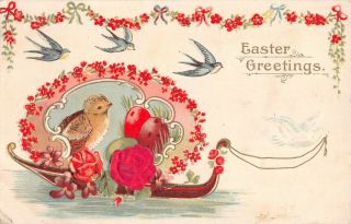Dove & Bluebirds By Chick In Boat With Eggs & Roses - 1 Silk - Old Easter Postcard