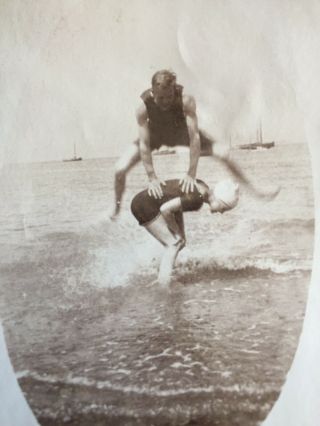 Vintage Photo Snapshot Man Woman On Beach Playing Leapfrog Leap Frog Seaside