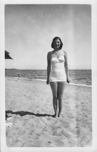 Vintage 1930 Photo Of Pretty Woman Girl On Beach Wearing Swimsuit Lake Erie Ohio