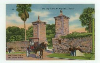 Fl St.  Augustine Florida Antique Linen Post Card - " Old City Gates "