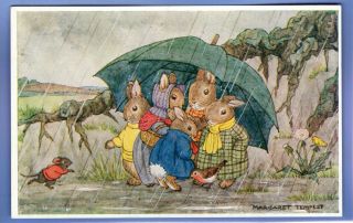 Old Vintage Postcard Artist Signed Margaret Tempest Rabbits Under Umbrella Rain