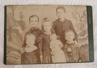 Cabinet Card Photographic Of 4 Brothers With Sister Holding Large Doll - N.  S.