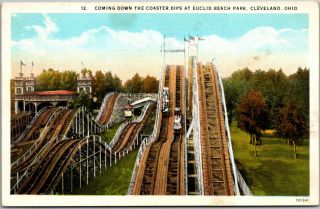 Vintage Riders On Roller Coaster Euclid Beach Park,  Cleveland,  Ohio,  Oh Postcard