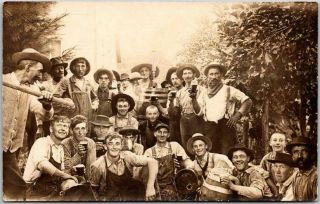 Vintage Rppc Real Photo Postcard Group Of Men In Orchard / Workers / Beer C1910s