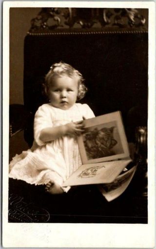 Vintage Rppc Real Photo Postcard Little Girl Reading Book / Cat On Page C1910s