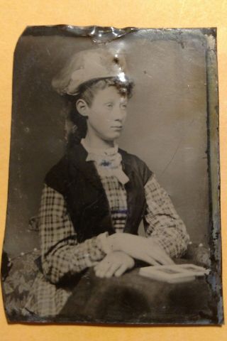 Tintype Well Dressed Woman Sitting Reading A Book 2 3/8 " By 3 1/4 "