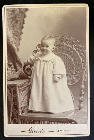 Antique Cabinet Card Photo Baby Standing On Wicker Chair St Louis Mo