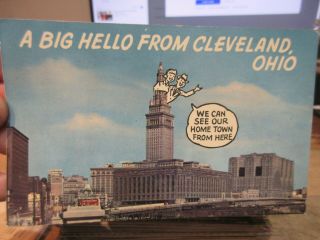 Vintage Old Ohio Postcard Cleveland Hotel Terminal Tower Post Office Cartoon Top