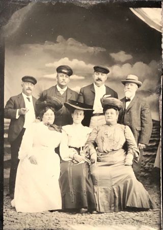 6th Plate Tintype Studio Portrait 7 People Dressed In Their Finest