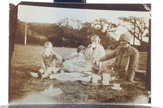 Antique 1920s Photo Snap Shot Of Family Picnic.