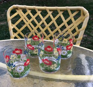 Rare Georges Briard Field Flower Mcm Old Fashioned Rocks Glasses Set Of 4 Signed