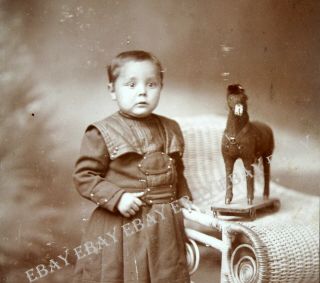 Wow - Vintage Antique Cabinet Card Photo Victorian Child Boy Toy Horse Steiff?