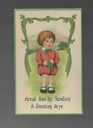 Vintage Postcard Clr St Patricks Day Sending A Greeting 1910s Little Boy