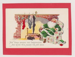 Vintage Christmas - Santa Claus In A Green Suit - Stockings Stuffed/fireplace