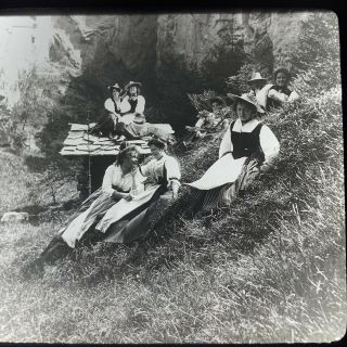 Vtg Magic Lantern Glass Slide Photo View Of Girls Relaxing In The Alps Swiss